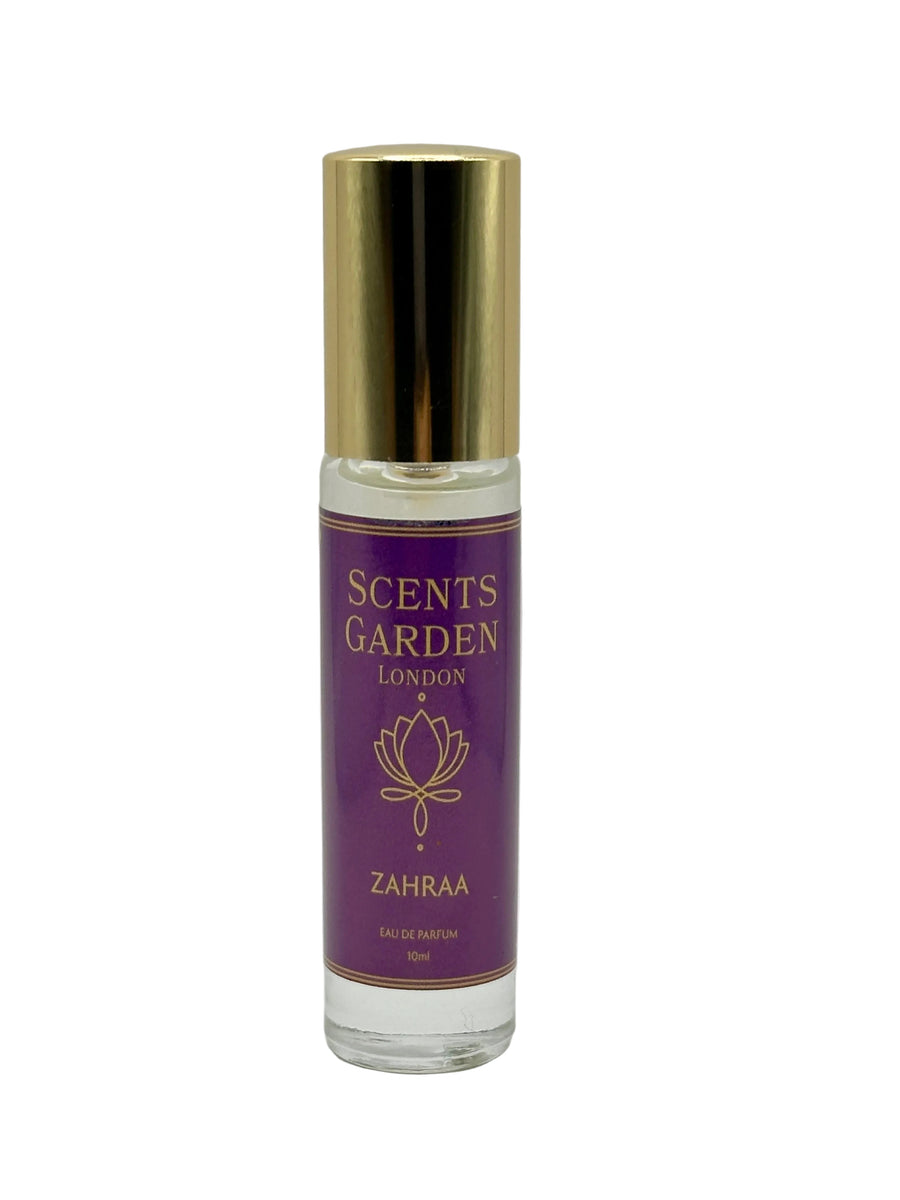 Perfume bottle labeled 'Zahraa' by Scents Garden London on a white background