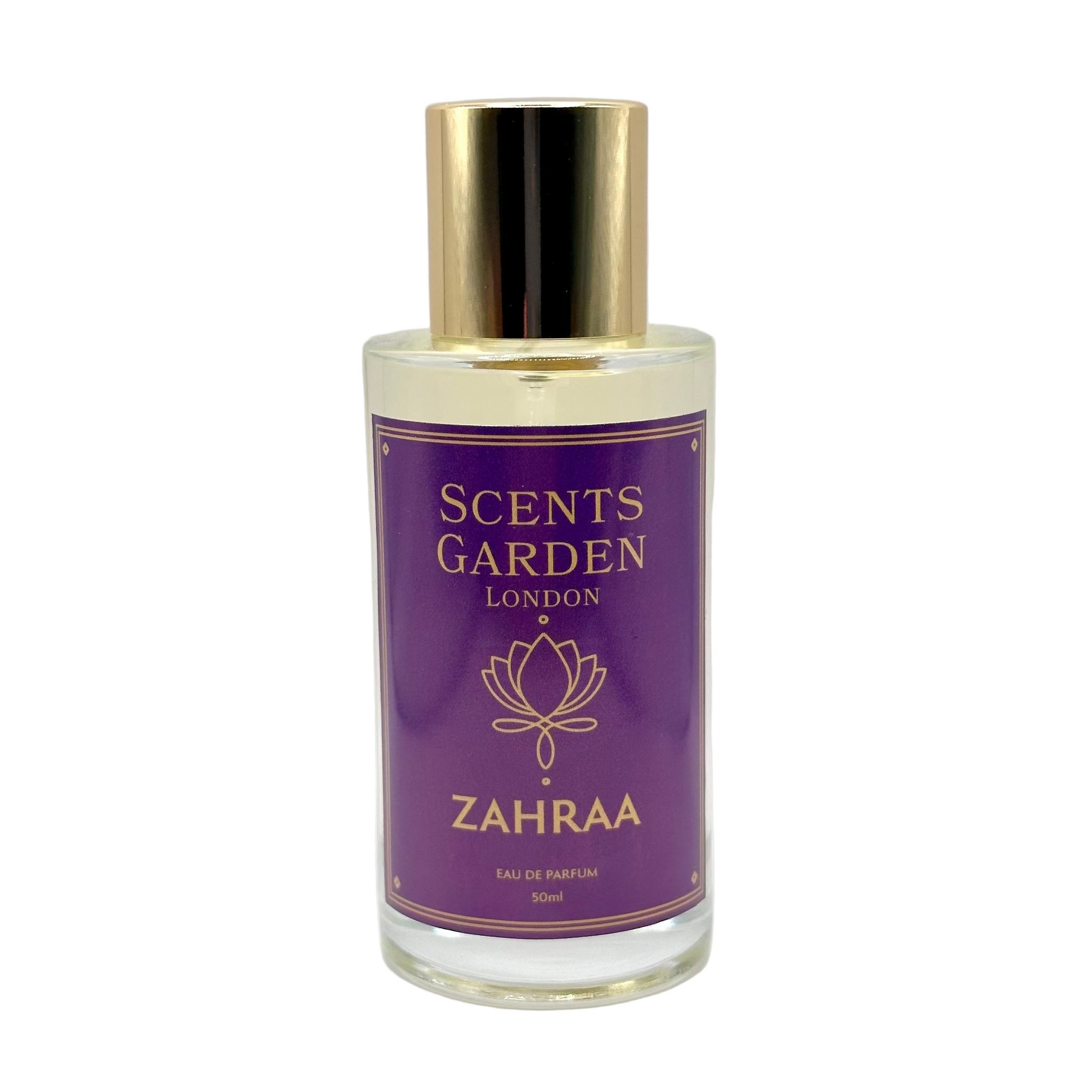 Perfume bottle labeled 'Zahraa' by Scents Garden London on a white background