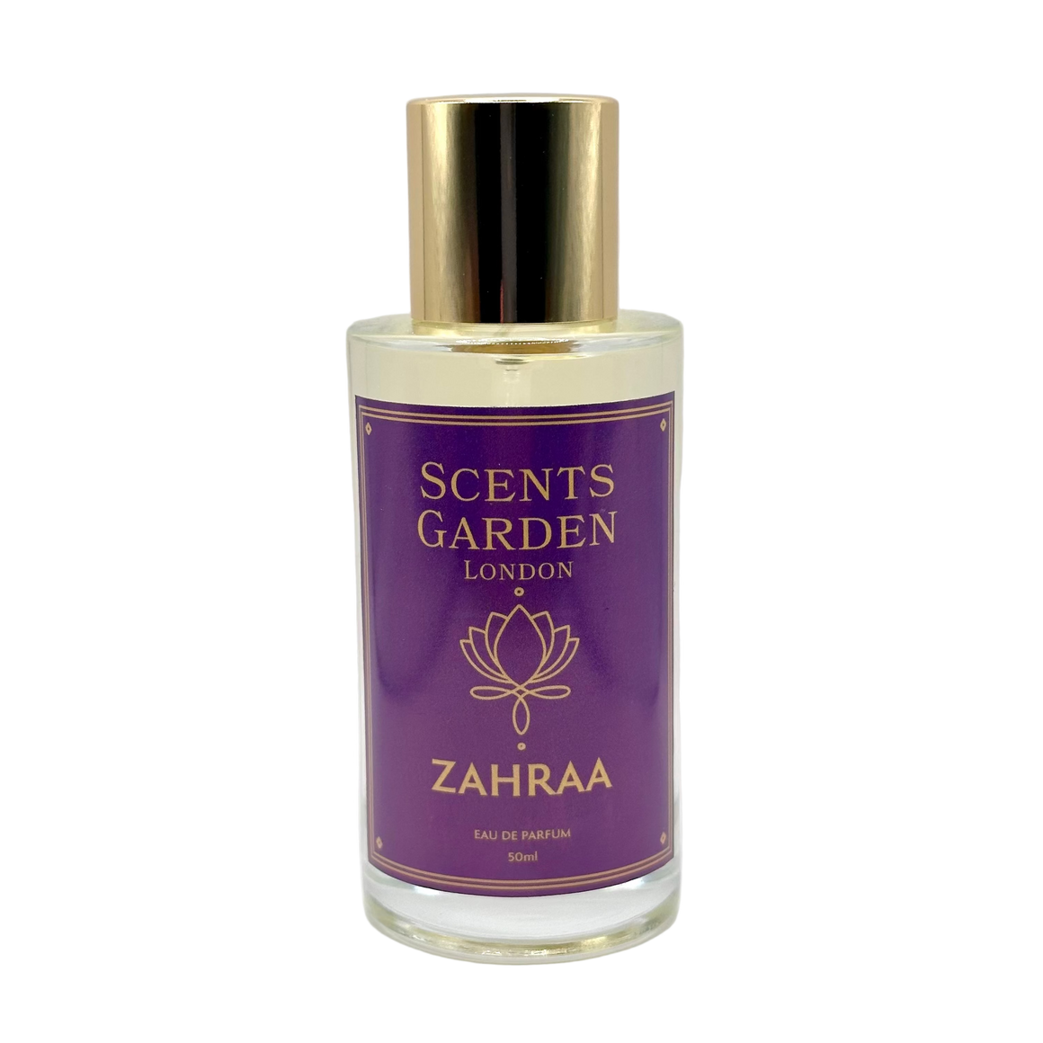 Perfume bottle labeled 'Zahraa' by Scents Garden London on a white background