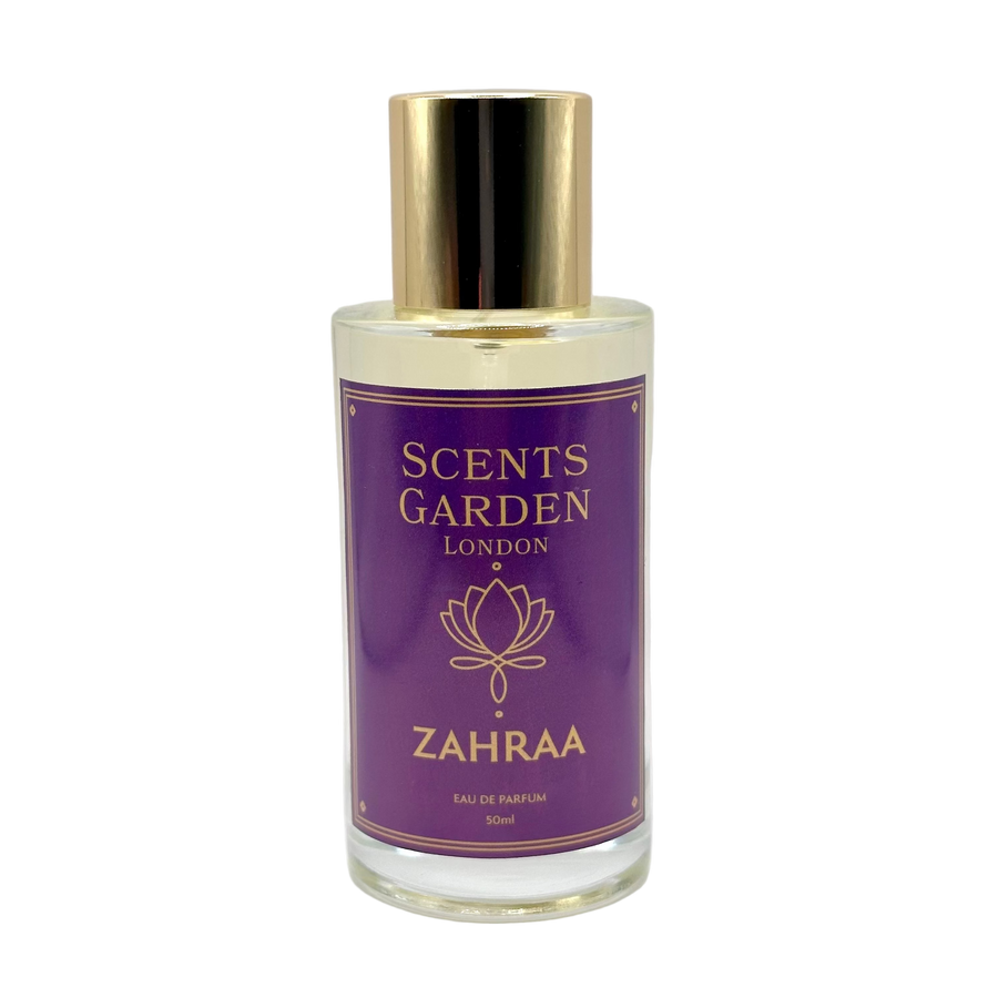 Perfume bottle labeled 'Zahraa' by Scents Garden London on a white background